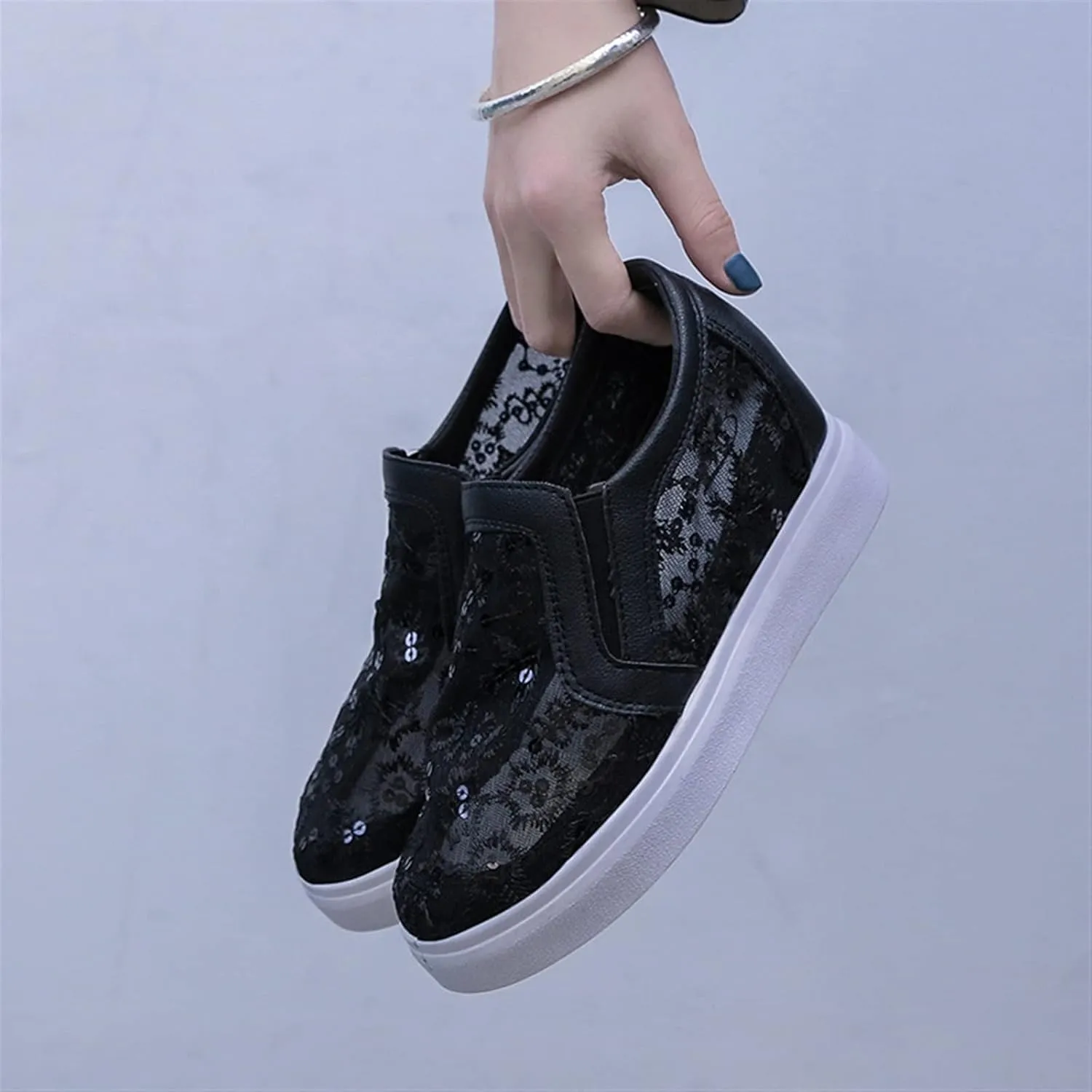 Women's Shiny Sequins Slip-Ons Canvas Sneakers Hollow Lace Mesh Breathable Lightweight Trainers Hidden Increasing Arch Support Non Slip Dressy Shoes for Daily Life Wedding Travel