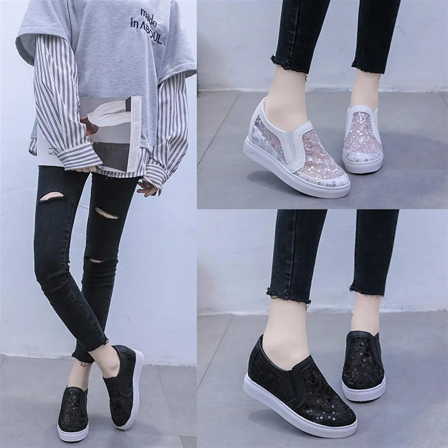 Women's Shiny Sequins Slip-Ons Canvas Sneakers Hollow Lace Mesh Breathable Lightweight Trainers Hidden Increasing Arch Support Non Slip Dressy Shoes for Daily Life Wedding Travel