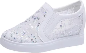 Women's Shiny Sequins Slip-Ons Canvas Sneakers Hollow Lace Mesh Breathable Lightweight Trainers Hidden Increasing Arch Support Non Slip Dressy Shoes for Daily Life Wedding Travel