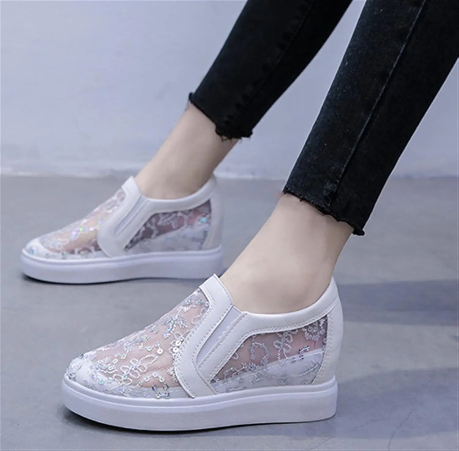 Women's Shiny Sequins Slip-Ons Canvas Sneakers Hollow Lace Mesh Breathable Lightweight Trainers Hidden Increasing Arch Support Non Slip Dressy Shoes for Daily Life Wedding Travel
