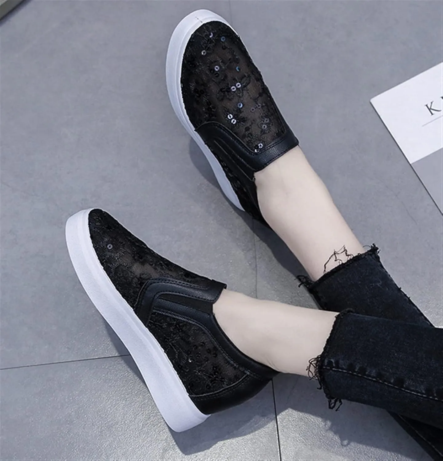 Women's Shiny Sequins Slip-Ons Canvas Sneakers Hollow Lace Mesh Breathable Lightweight Trainers Hidden Increasing Arch Support Non Slip Dressy Shoes for Daily Life Wedding Travel