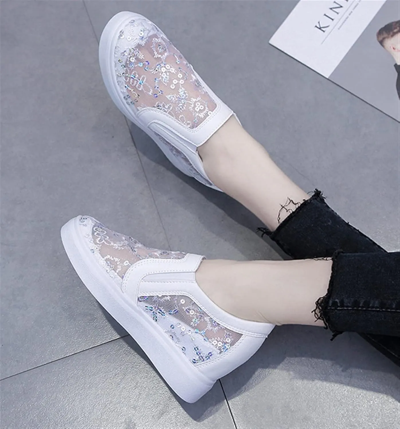 Women's Shiny Sequins Slip-Ons Canvas Sneakers Hollow Lace Mesh Breathable Lightweight Trainers Hidden Increasing Arch Support Non Slip Dressy Shoes for Daily Life Wedding Travel