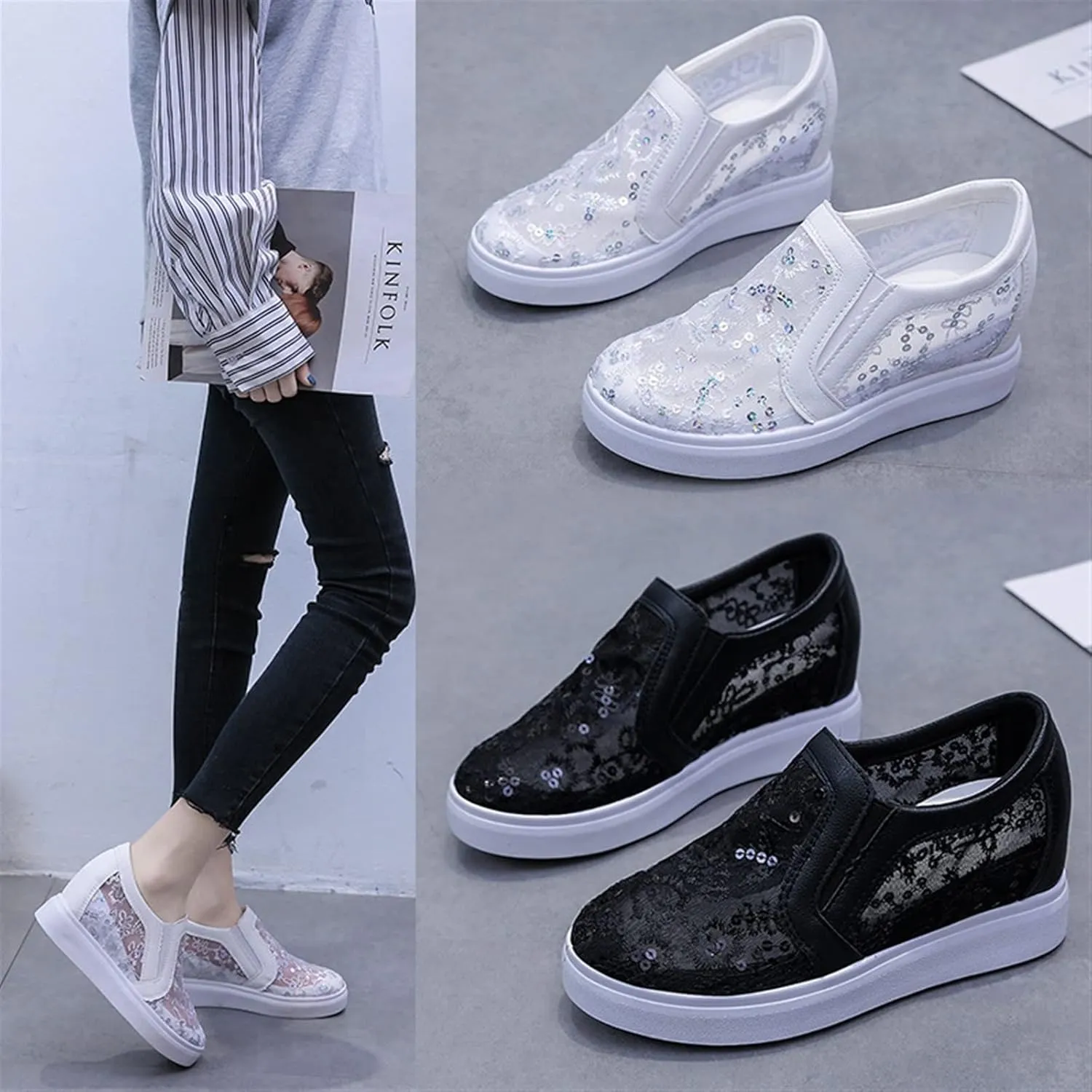 Women's Shiny Sequins Slip-Ons Canvas Sneakers Hollow Lace Mesh Breathable Lightweight Trainers Hidden Increasing Arch Support Non Slip Dressy Shoes for Daily Life Wedding Travel
