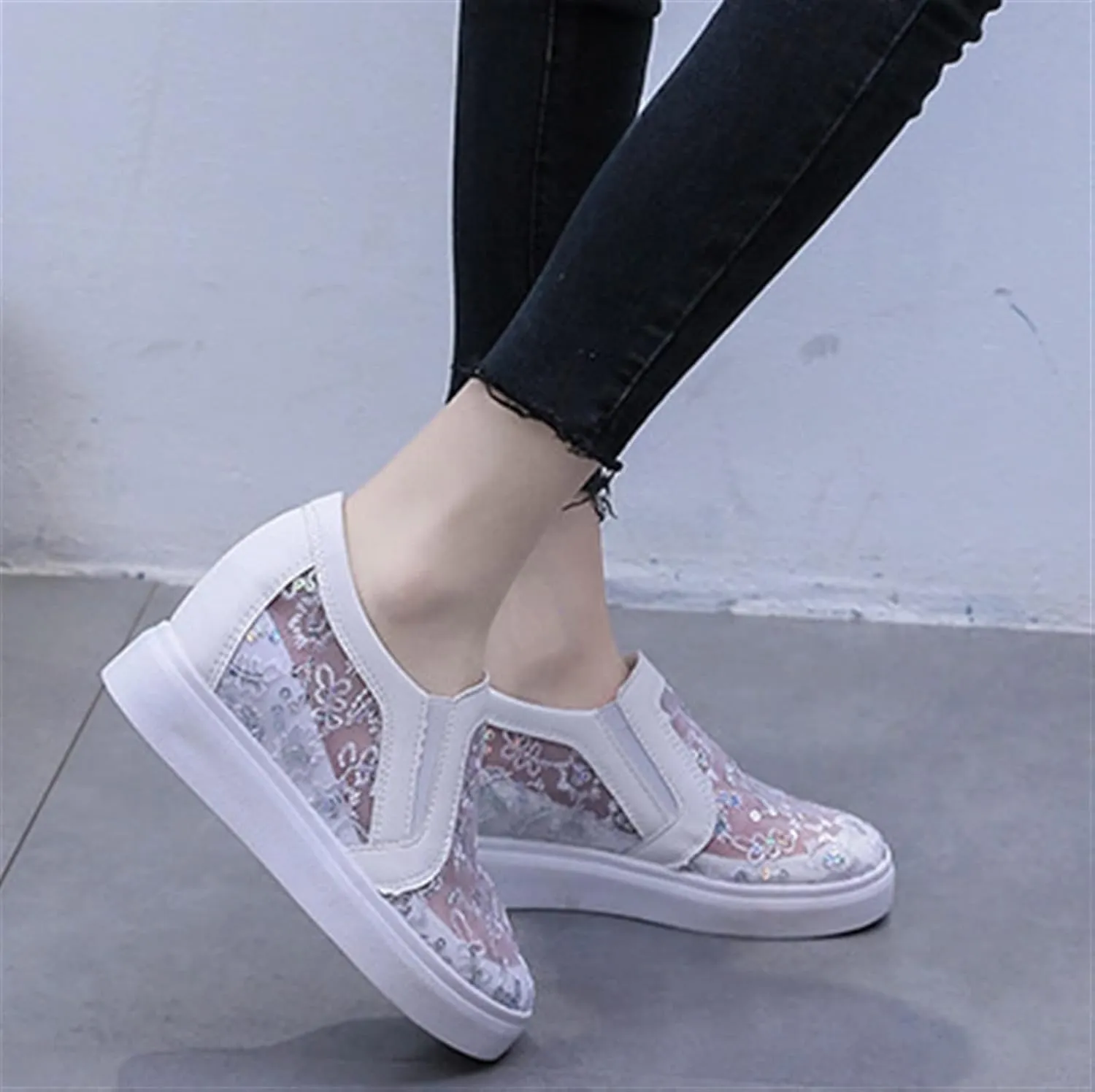 Women's Shiny Sequins Slip-Ons Canvas Sneakers Hollow Lace Mesh Breathable Lightweight Trainers Hidden Increasing Arch Support Non Slip Dressy Shoes for Daily Life Wedding Travel