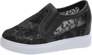 Women's Shiny Sequins Slip-Ons Canvas Sneakers Hollow Lace Mesh Breathable Lightweight Trainers Hidden Increasing Arch Support Non Slip Dressy Shoes for Daily Life Wedding Travel