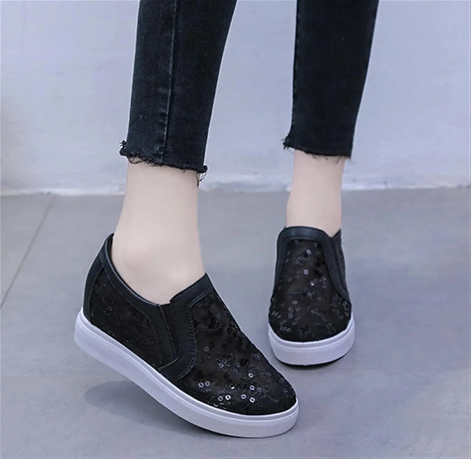 Women's Shiny Sequins Slip-Ons Canvas Sneakers Hollow Lace Mesh Breathable Lightweight Trainers Hidden Increasing Arch Support Non Slip Dressy Shoes for Daily Life Wedding Travel