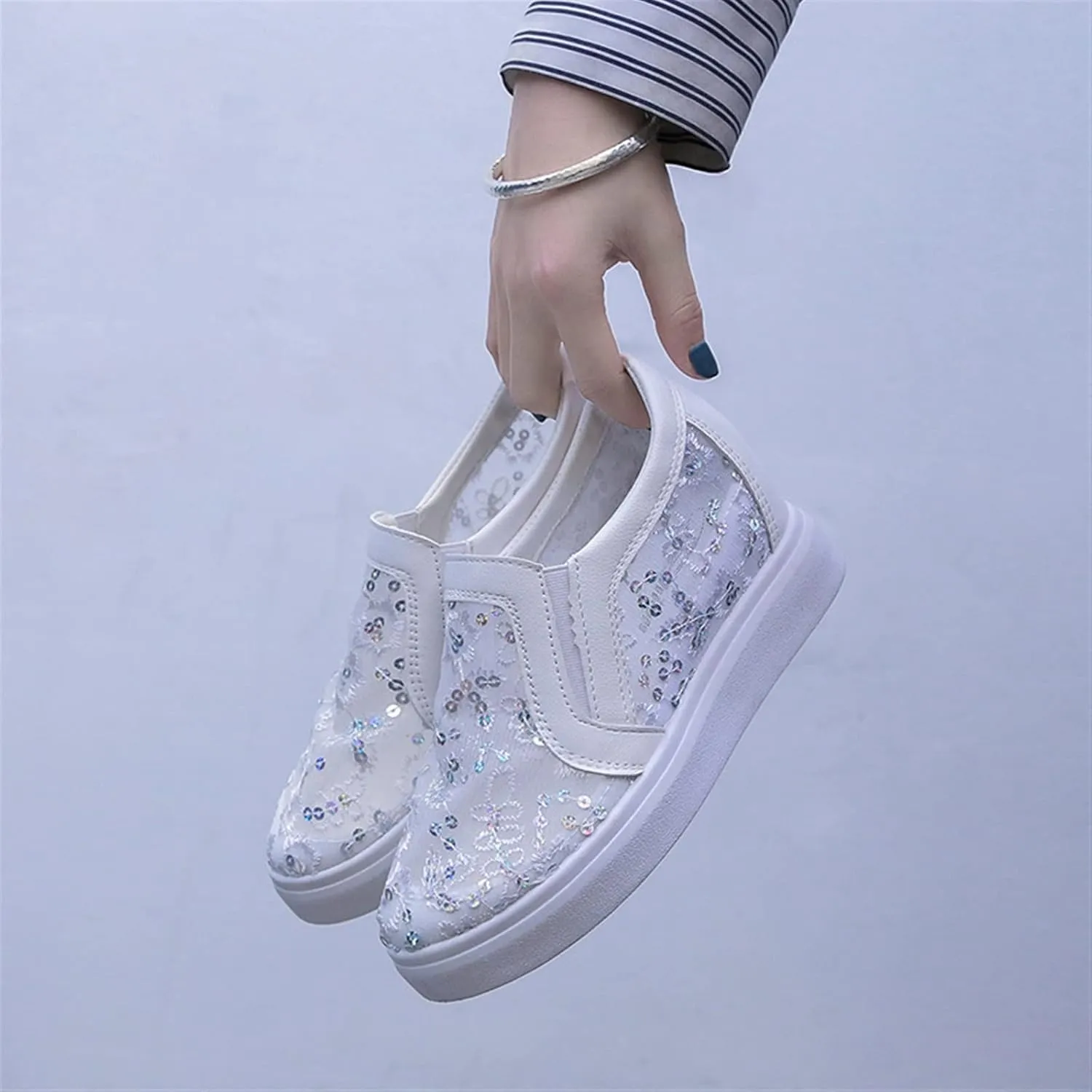 Women's Shiny Sequins Slip-Ons Canvas Sneakers Hollow Lace Mesh Breathable Lightweight Trainers Hidden Increasing Arch Support Non Slip Dressy Shoes for Daily Life Wedding Travel