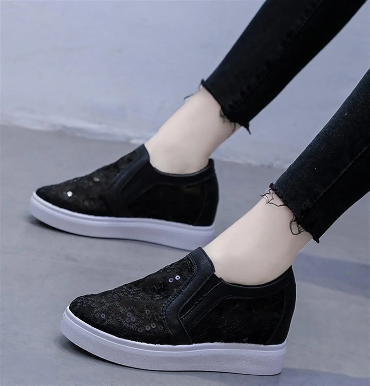 Women's Shiny Sequins Slip-Ons Canvas Sneakers Hollow Lace Mesh Breathable Lightweight Trainers Hidden Increasing Arch Support Non Slip Dressy Shoes for Daily Life Wedding Travel
