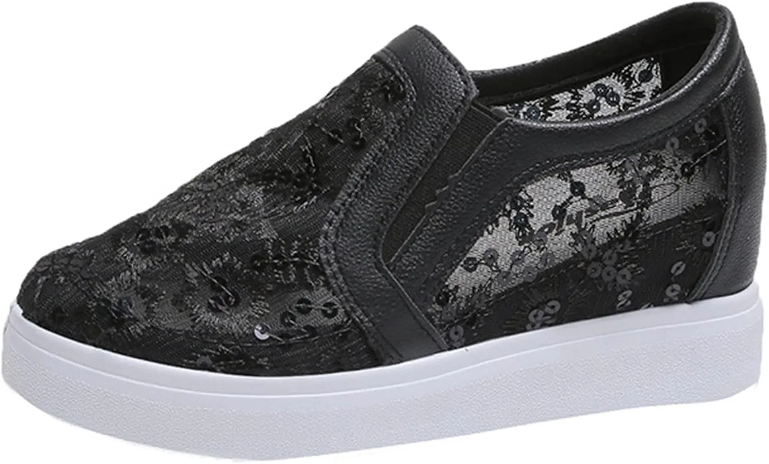 Women's Shiny Sequins Slip-Ons Canvas Sneakers Hollow Lace Mesh Breathable Lightweight Trainers Hidden Increasing Arch Support Non Slip Dressy Shoes for Daily Life Wedding Travel