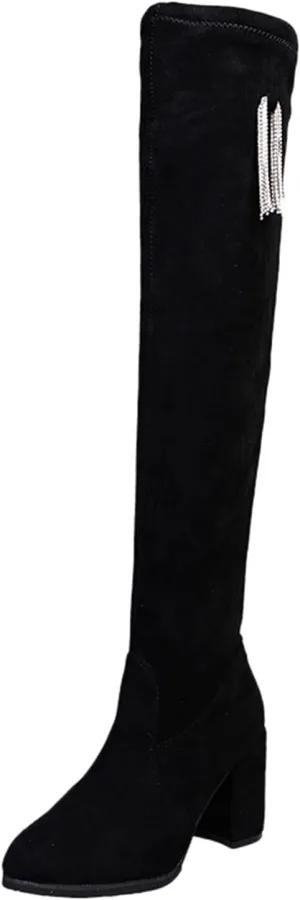 Women's Shoes Boots Retro Chunky Thigh High Heels Breathable Zipper 8CM Fashion Women's Boots Womens Snow Winter Boots (Black, 7.5)