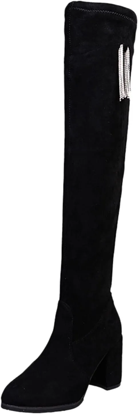 Women's Shoes Boots Retro Chunky Thigh High Heels Breathable Zipper 8CM Fashion Women's Boots Womens Snow Winter Boots (Black, 7.5)