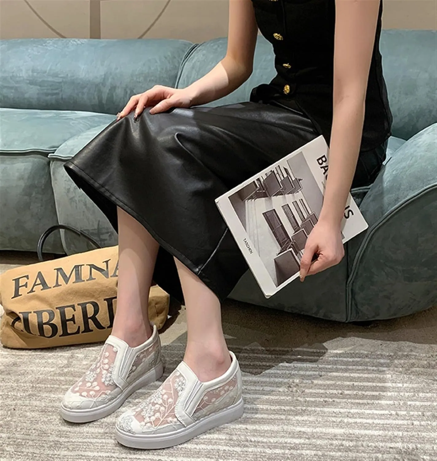 Women's Slip-Ons Height Increasing Canvas Shoes Embroidered Summer Round Toe Mesh Breathable Flat Loafer Low-Top Anti Skid Fall Walking Driving Play Work Sneakers 2.36in Trainers