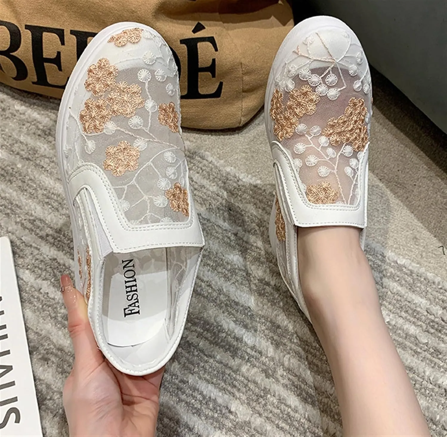 Women's Slip-Ons Height Increasing Canvas Shoes Embroidered Summer Round Toe Mesh Breathable Flat Loafer Low-Top Anti Skid Fall Walking Driving Play Work Sneakers 2.36in Trainers