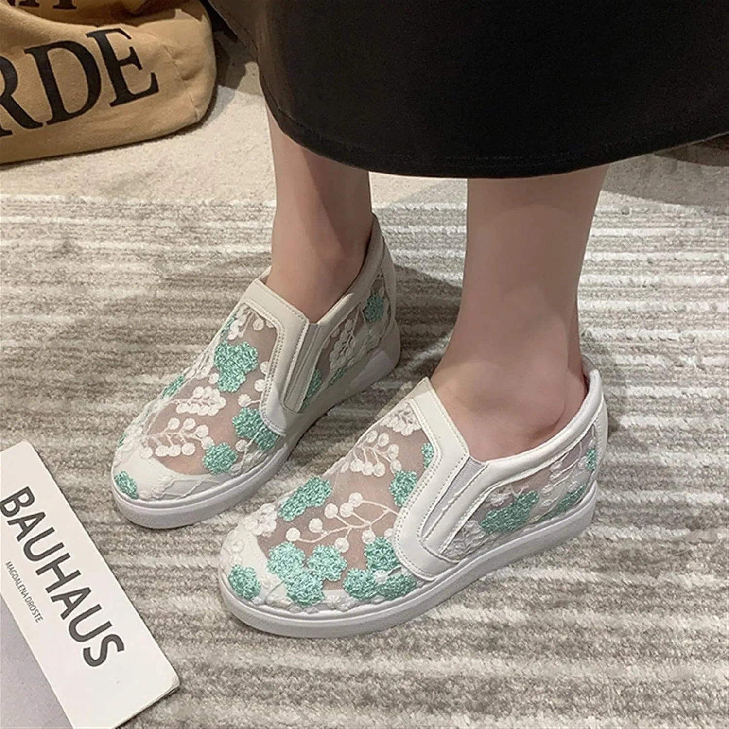 Women's Slip-Ons Height Increasing Canvas Shoes Embroidered Summer Round Toe Mesh Breathable Flat Loafer Low-Top Anti Skid Fall Walking Driving Play Work Sneakers 2.36in Trainers