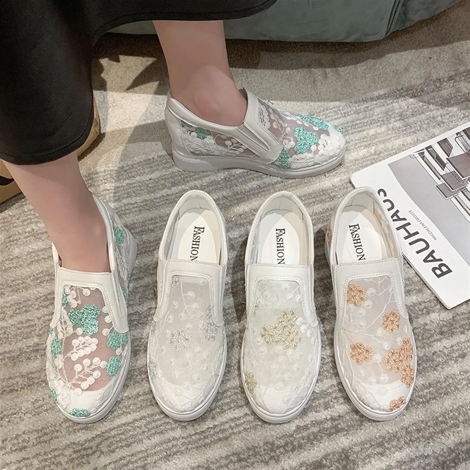 Women's Slip-Ons Height Increasing Canvas Shoes Embroidered Summer Round Toe Mesh Breathable Flat Loafer Low-Top Anti Skid Fall Walking Driving Play Work Sneakers 2.36in Trainers