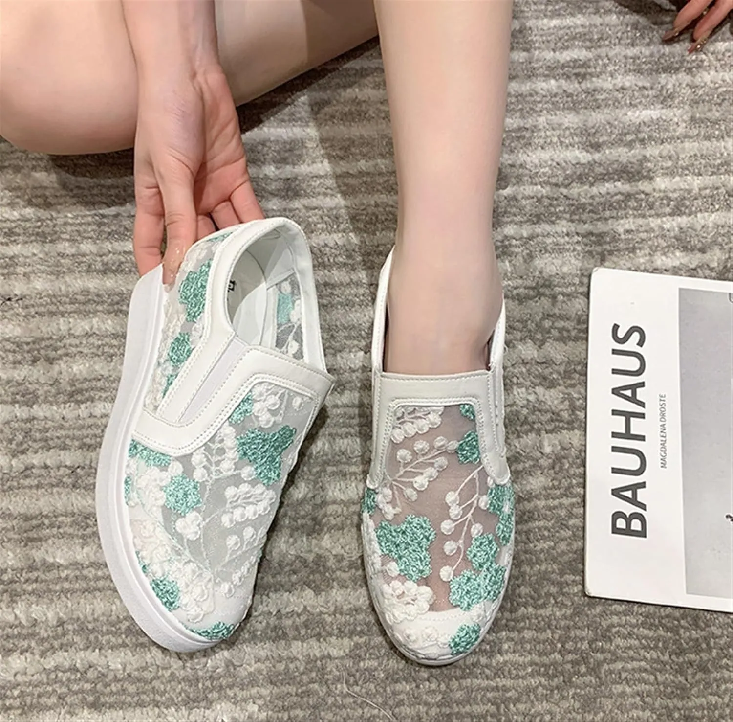 Women's Slip-Ons Height Increasing Canvas Shoes Embroidered Summer Round Toe Mesh Breathable Flat Loafer Low-Top Anti Skid Fall Walking Driving Play Work Sneakers 2.36in Trainers