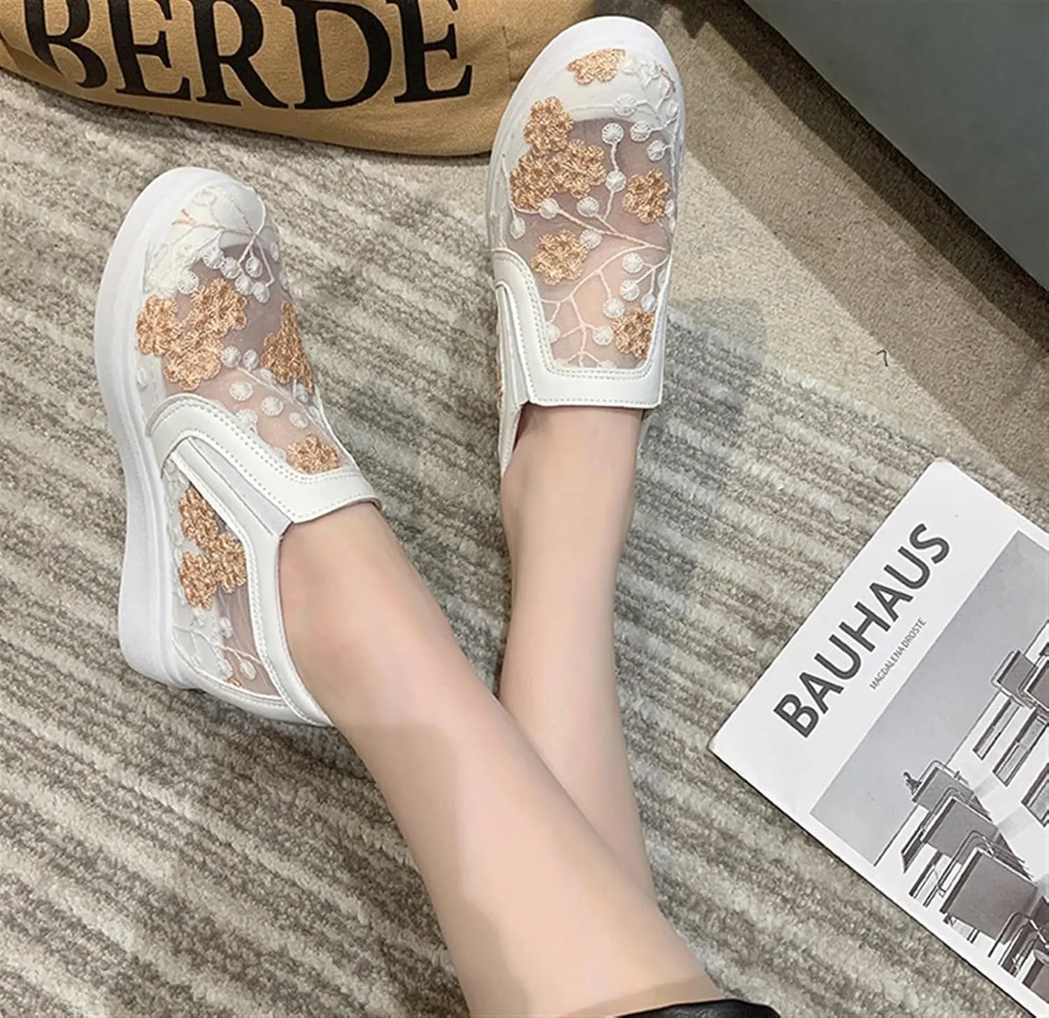 Women's Slip-Ons Height Increasing Canvas Shoes Embroidered Summer Round Toe Mesh Breathable Flat Loafer Low-Top Anti Skid Fall Walking Driving Play Work Sneakers 2.36in Trainers
