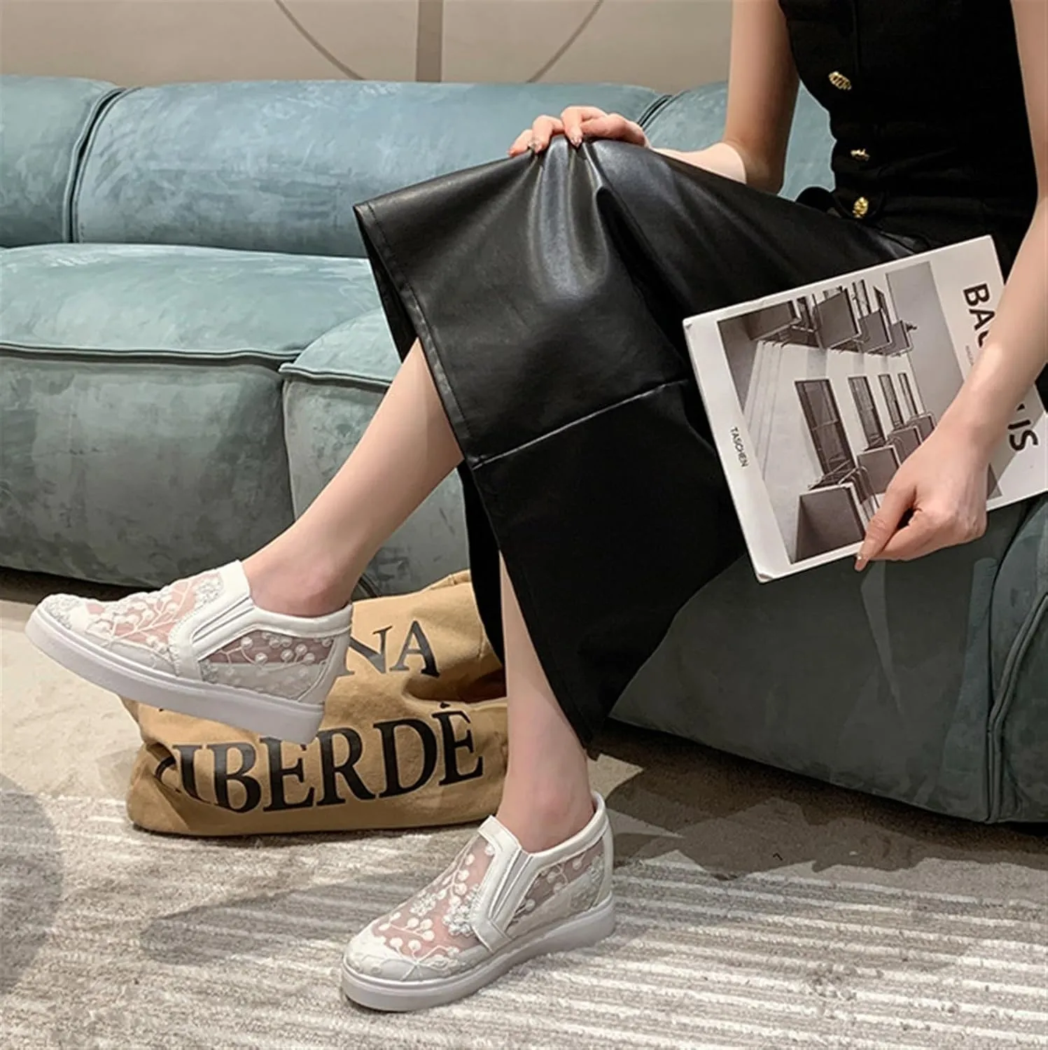 Women's Slip-Ons Height Increasing Canvas Shoes Embroidered Summer Round Toe Mesh Breathable Flat Loafer Low-Top Anti Skid Fall Walking Driving Play Work Sneakers 2.36in Trainers
