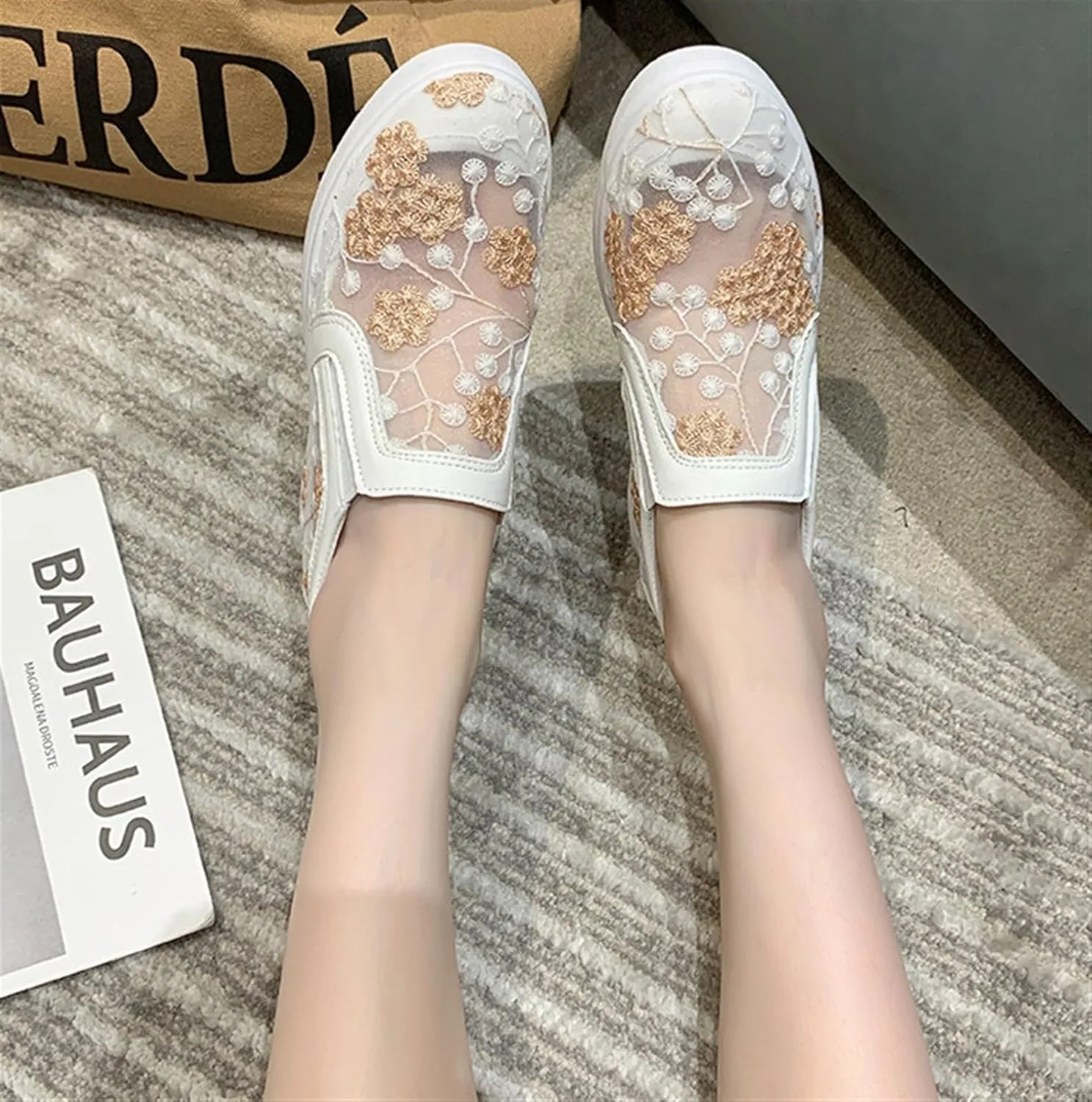 Women's Slip-Ons Height Increasing Canvas Shoes Embroidered Summer Round Toe Mesh Breathable Flat Loafer Low-Top Anti Skid Fall Walking Driving Play Work Sneakers 2.36in Trainers