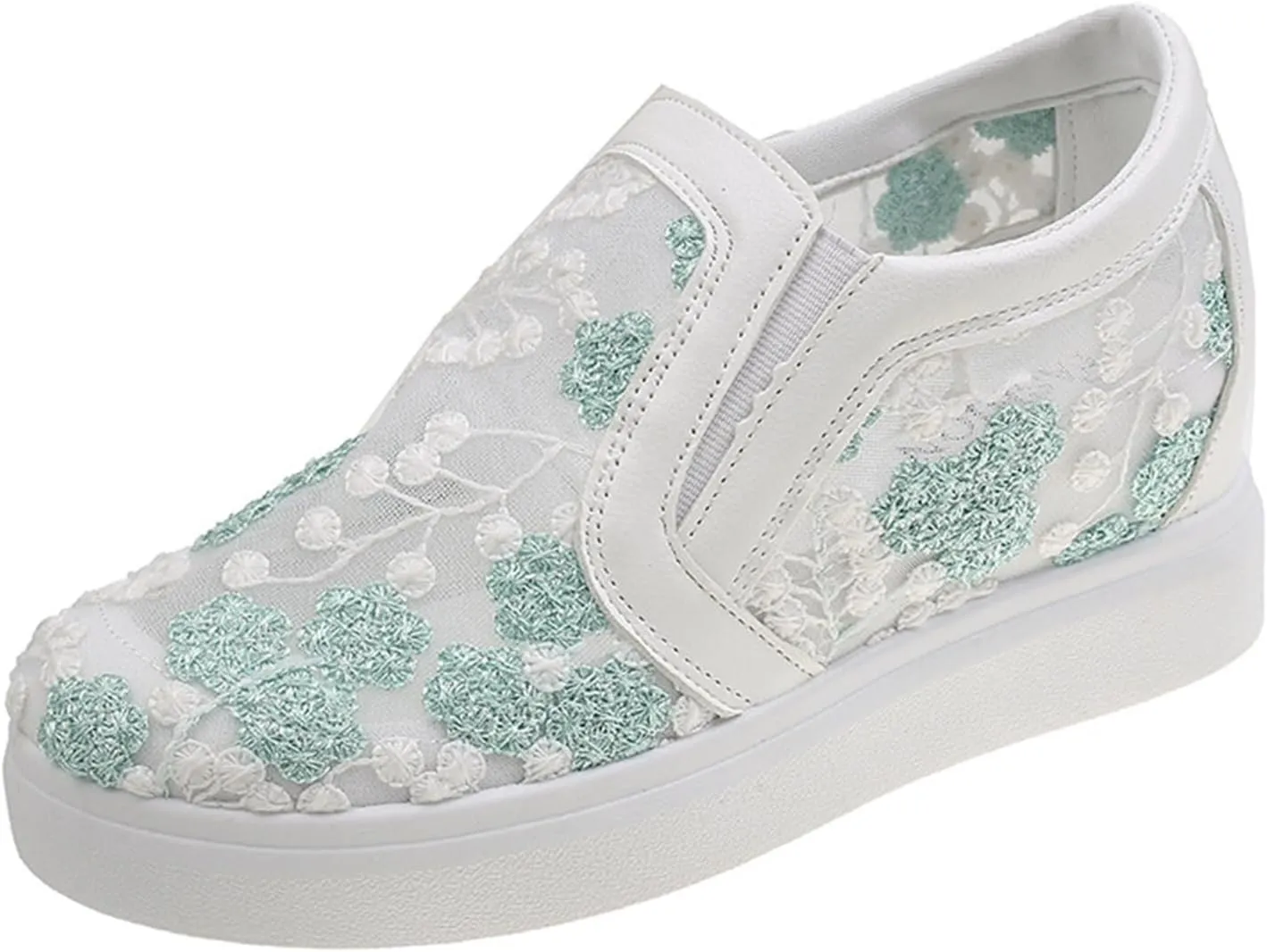 Women's Slip-Ons Height Increasing Canvas Shoes Embroidered Summer Round Toe Mesh Breathable Flat Loafer Low-Top Anti Skid Fall Walking Driving Play Work Sneakers 2.36in Trainers