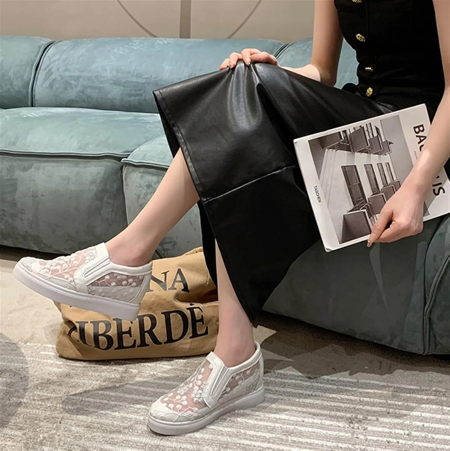 Women's Slip-Ons Height Increasing Canvas Shoes Embroidered Summer Round Toe Mesh Breathable Flat Loafer Low-Top Anti Skid Fall Walking Driving Play Work Sneakers 2.36in Trainers