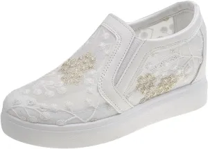 Women's Slip-Ons Height Increasing Canvas Shoes Embroidered Summer Round Toe Mesh Breathable Flat Loafer Low-Top Anti Skid Fall Walking Driving Play Work Sneakers 2.36in Trainers