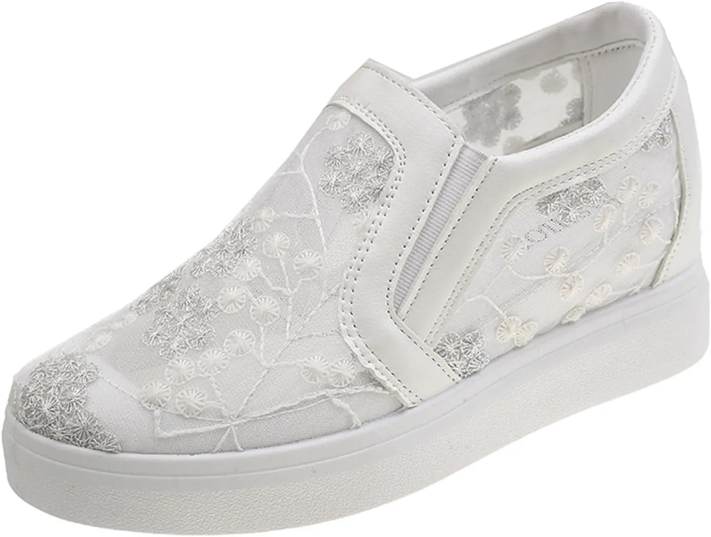 Women's Slip-Ons Height Increasing Canvas Shoes Embroidered Summer Round Toe Mesh Breathable Flat Loafer Low-Top Anti Skid Fall Walking Driving Play Work Sneakers 2.36in Trainers