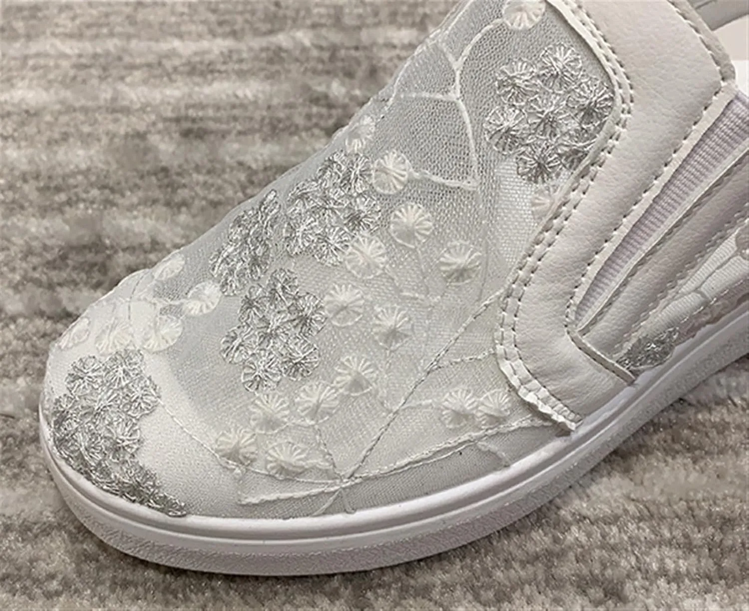 Women's Slip-Ons Height Increasing Canvas Shoes Embroidered Summer Round Toe Mesh Breathable Flat Loafer Low-Top Anti Skid Fall Walking Driving Play Work Sneakers 2.36in Trainers