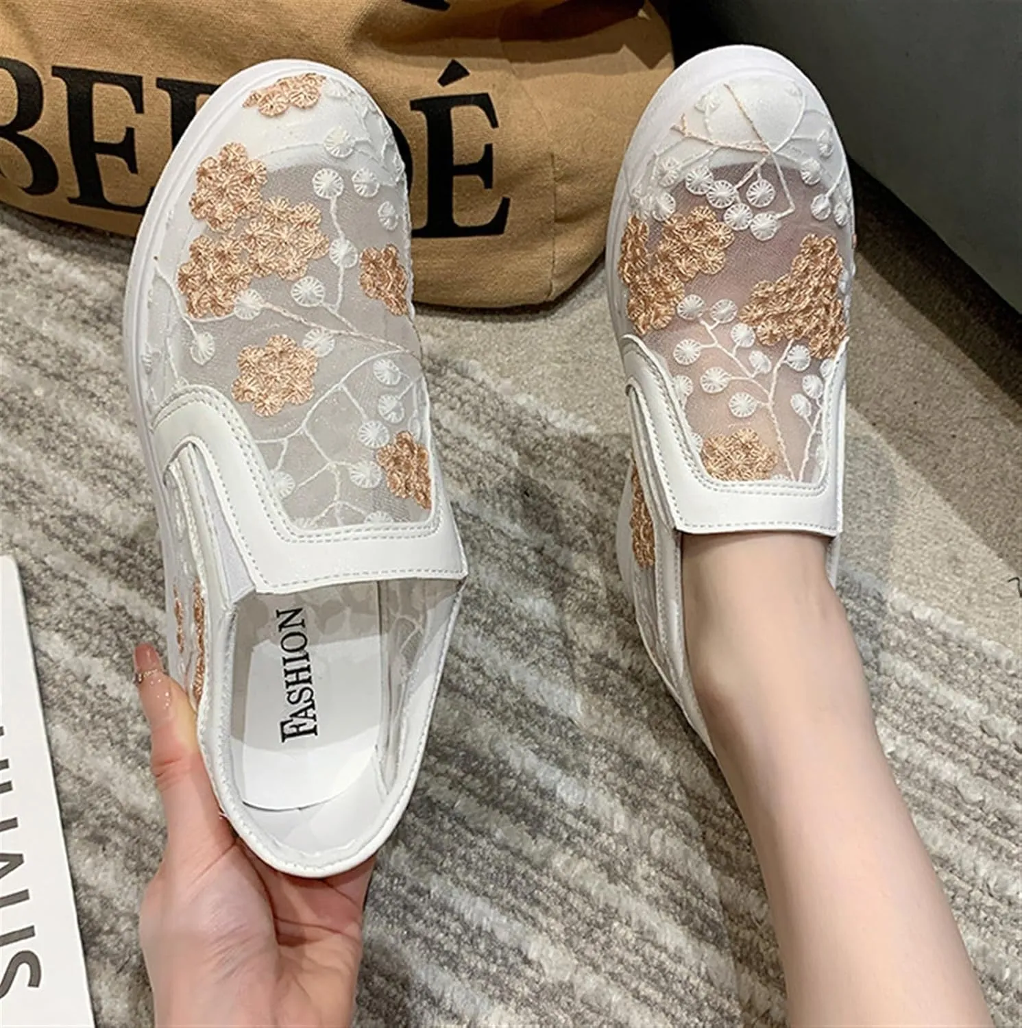 Women's Slip-Ons Height Increasing Canvas Shoes Embroidered Summer Round Toe Mesh Breathable Flat Loafer Low-Top Anti Skid Fall Walking Driving Play Work Sneakers 2.36in Trainers