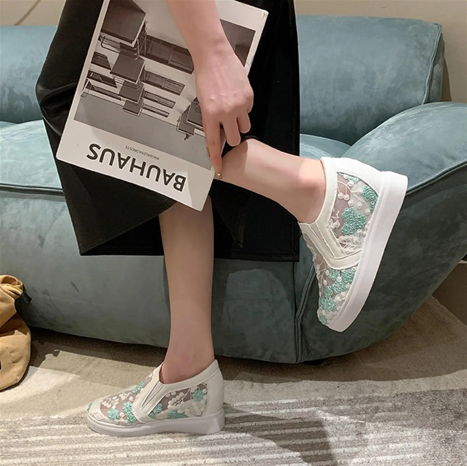 Women's Slip-Ons Height Increasing Canvas Shoes Embroidered Summer Round Toe Mesh Breathable Flat Loafer Low-Top Anti Skid Fall Walking Driving Play Work Sneakers 2.36in Trainers