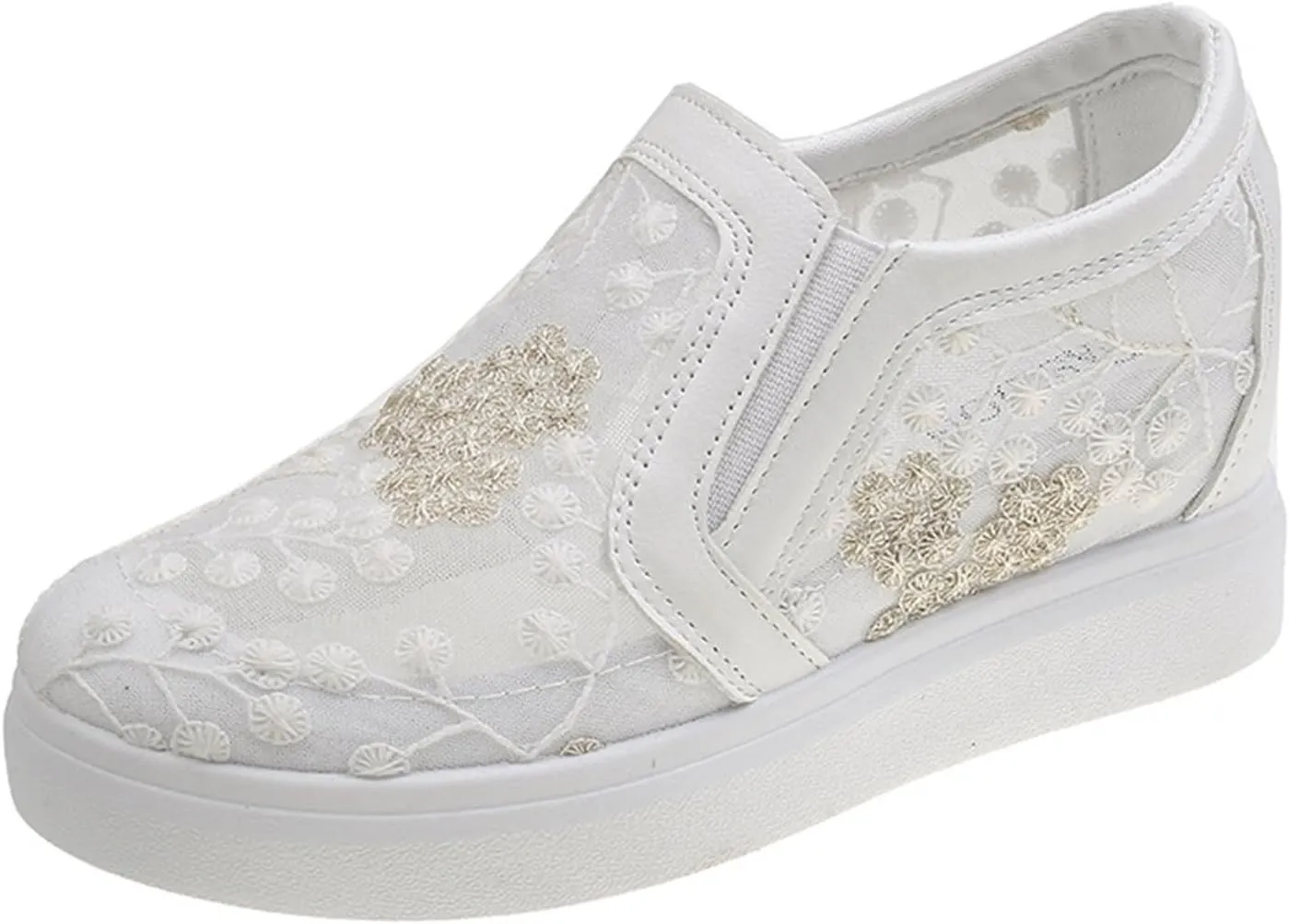 Women's Slip-Ons Height Increasing Canvas Shoes Embroidered Summer Round Toe Mesh Breathable Flat Loafer Low-Top Anti Skid Fall Walking Driving Play Work Sneakers 2.36in Trainers