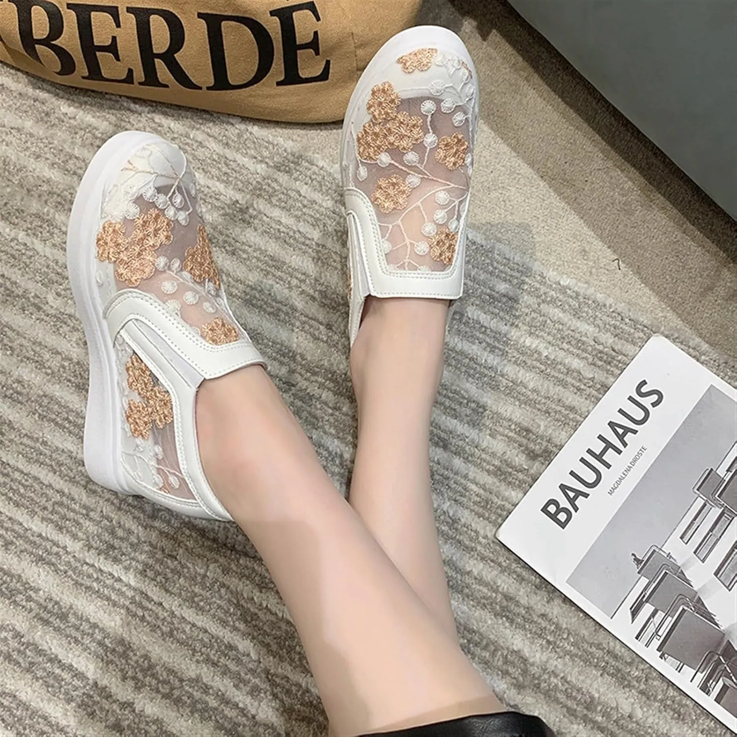 Women's Slip-Ons Height Increasing Canvas Shoes Embroidered Summer Round Toe Mesh Breathable Flat Loafer Low-Top Anti Skid Fall Walking Driving Play Work Sneakers 2.36in Trainers