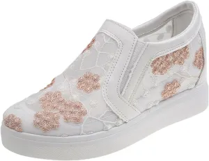 Women's Slip-Ons Height Increasing Canvas Shoes Embroidered Summer Round Toe Mesh Breathable Flat Loafer Low-Top Anti Skid Fall Walking Driving Play Work Sneakers 2.36in Trainers
