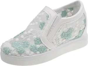 Women's Slip-Ons Height Increasing Canvas Shoes Embroidered Summer Round Toe Mesh Breathable Flat Loafer Low-Top Anti Skid Fall Walking Driving Play Work Sneakers 2.36in Trainers