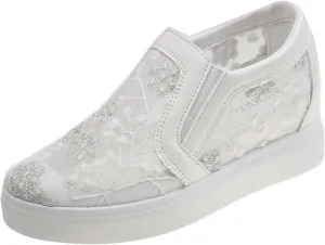 Women's Slip-Ons Height Increasing Canvas Shoes Embroidered Summer Round Toe Mesh Breathable Flat Loafer Low-Top Anti Skid Fall Walking Driving Play Work Sneakers 2.36in Trainers
