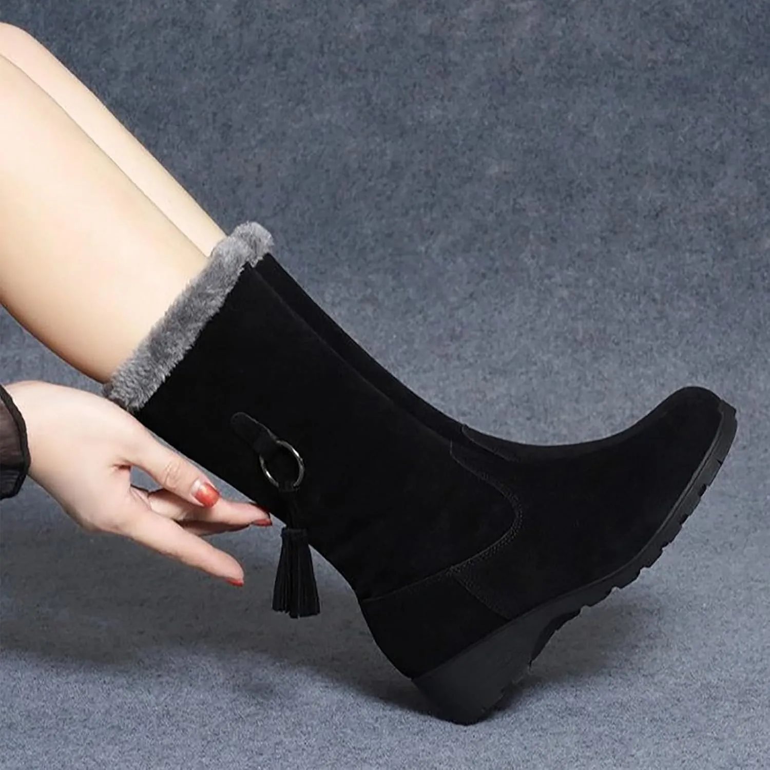Women's Snow Boots Winter Fashion Mid-Calf Boots Warm Faux Fur-Lined Boots Side Zip Suede Leather Tall Boots