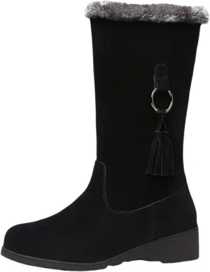 Women's Snow Boots Winter Fashion Mid-Calf Boots Warm Faux Fur-Lined Boots Side Zip Suede Leather Tall Boots