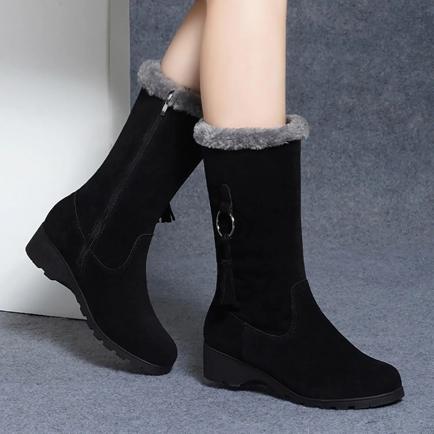 Women's Snow Boots Winter Fashion Mid-Calf Boots Warm Faux Fur-Lined Boots Side Zip Suede Leather Tall Boots
