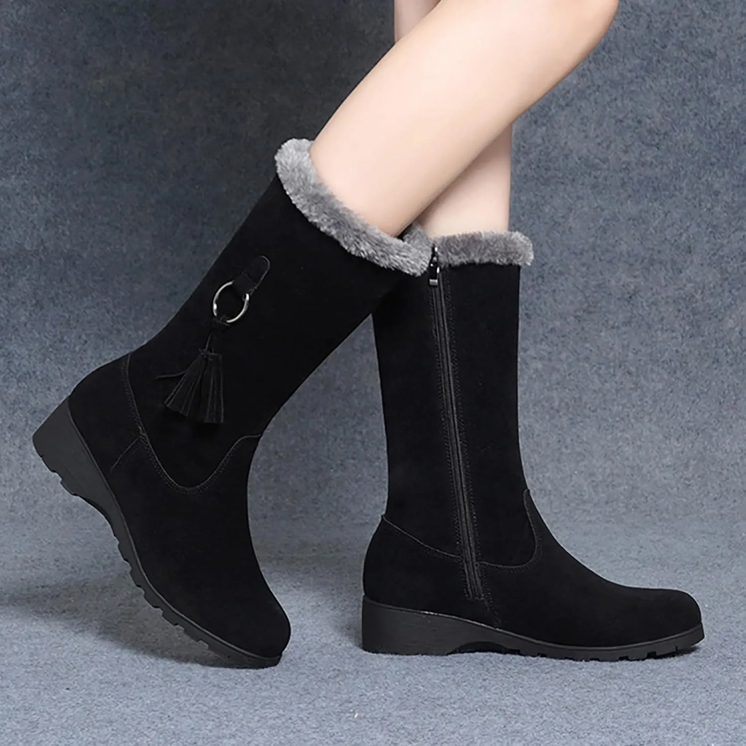 Women's Snow Boots Winter Fashion Mid-Calf Boots Warm Faux Fur-Lined Boots Side Zip Suede Leather Tall Boots