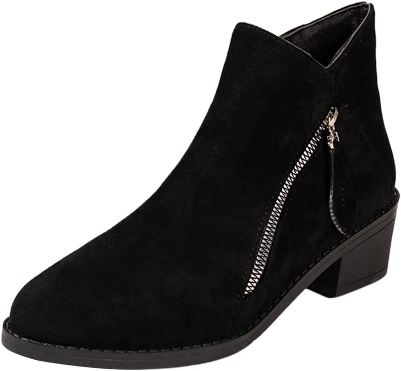 Women's Suede 2 Zipper Ankle Boots Short Booties Low Block Heel Outdoor Work Pointed Bootie