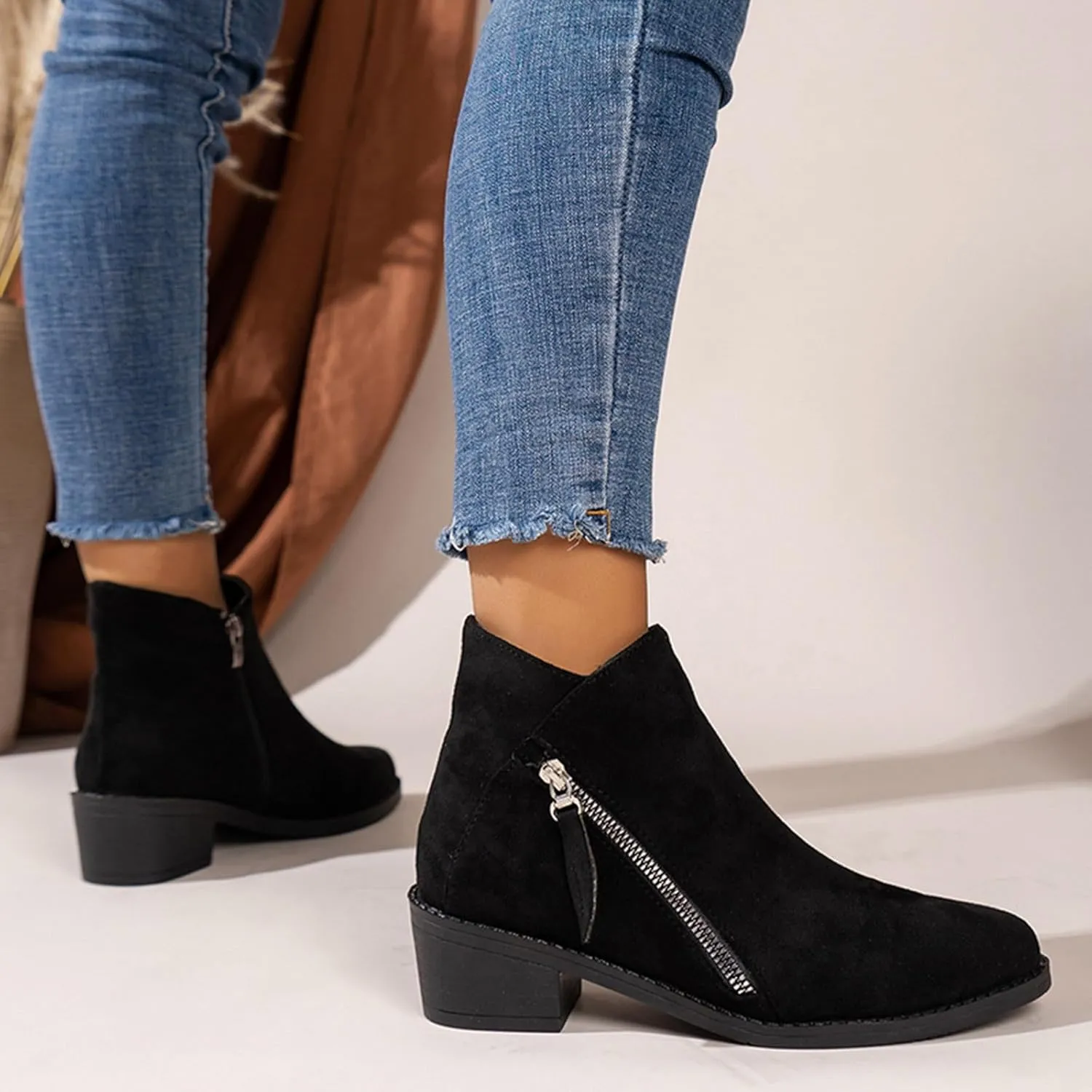 Women's Suede 2 Zipper Ankle Boots Short Booties Low Block Heel Outdoor Work Pointed Bootie