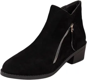 Women's Suede 2 Zipper Ankle Boots Short Booties Low Block Heel Outdoor Work Pointed Bootie