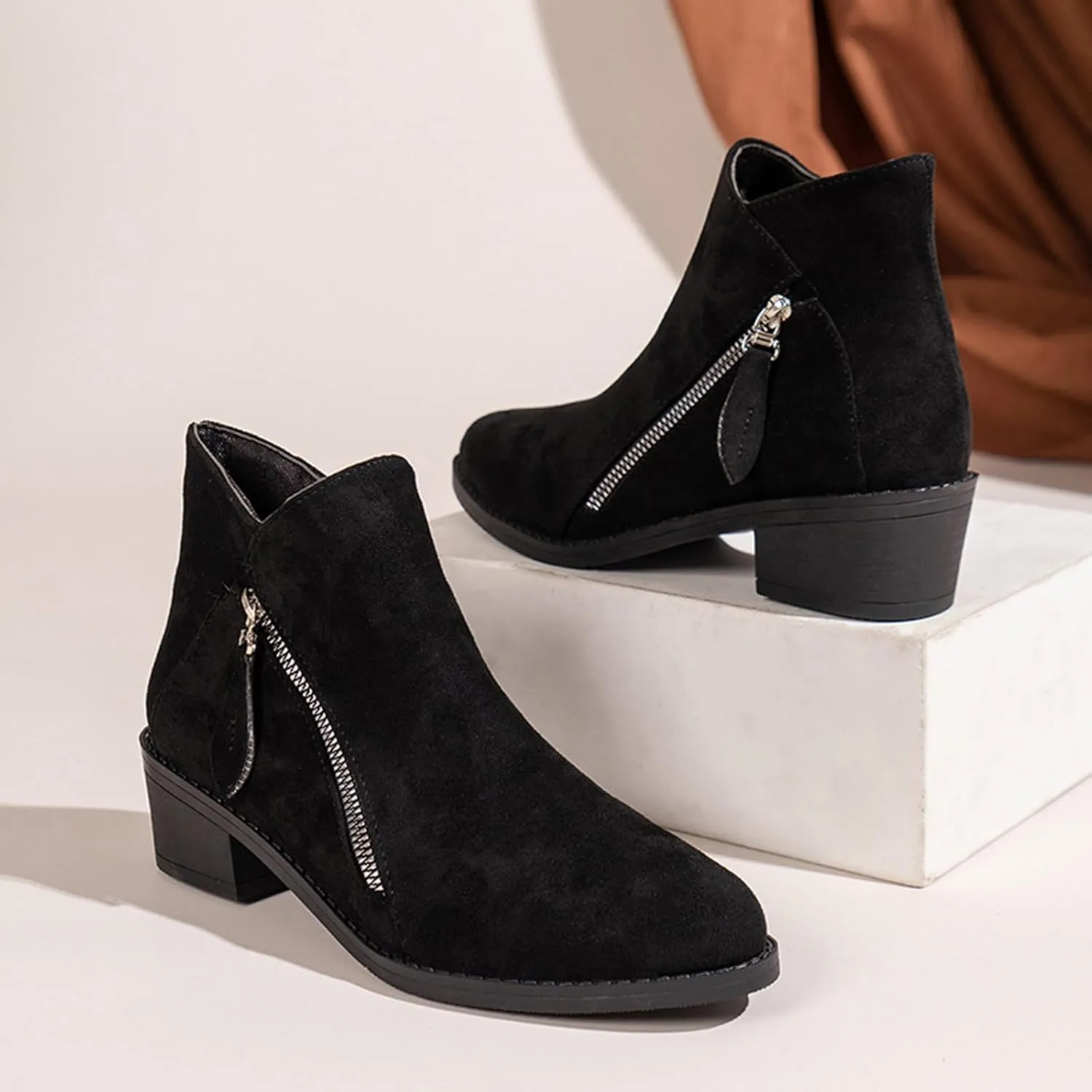 Women's Suede 2 Zipper Ankle Boots Short Booties Low Block Heel Outdoor Work Pointed Bootie