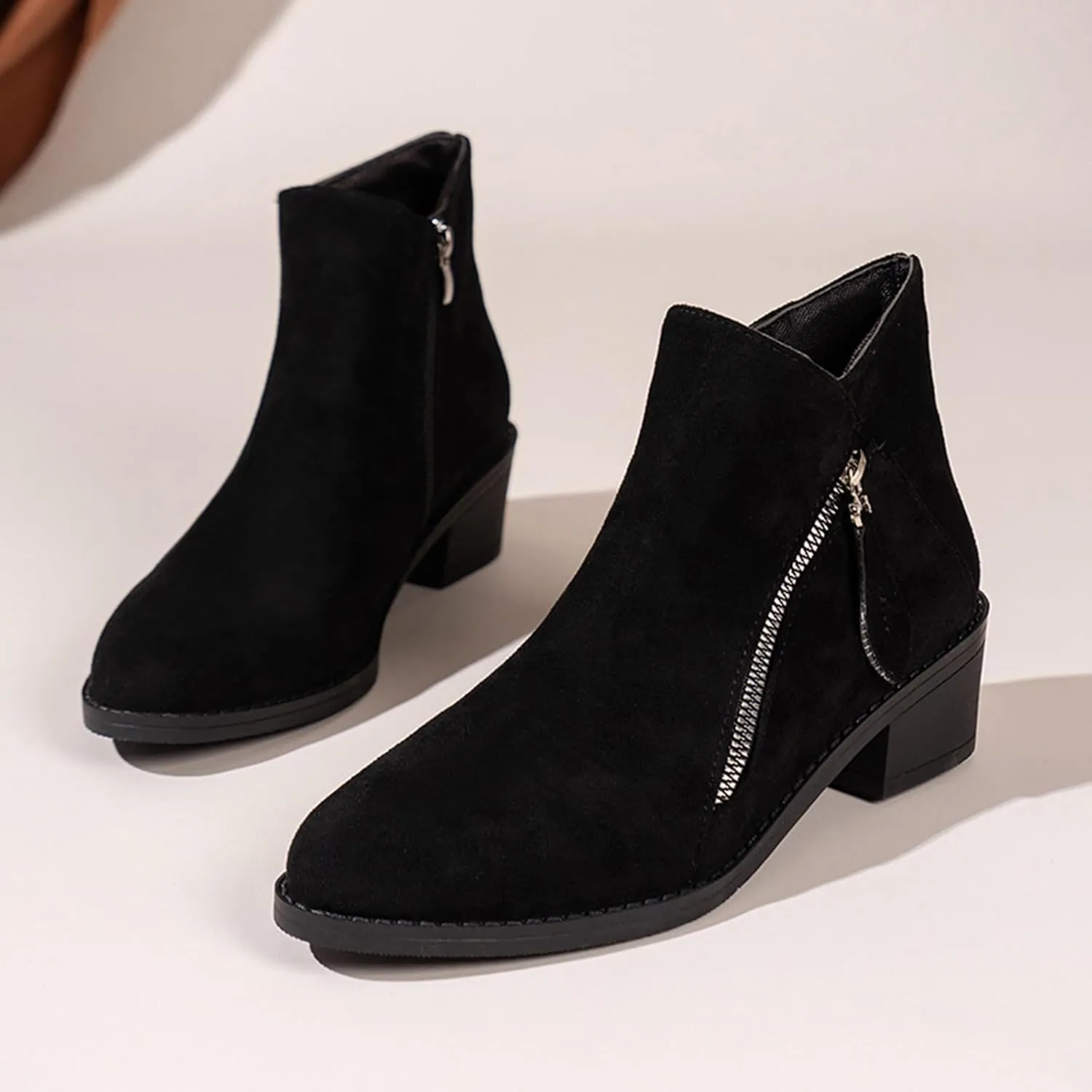Women's Suede 2 Zipper Ankle Boots Short Booties Low Block Heel Outdoor Work Pointed Bootie
