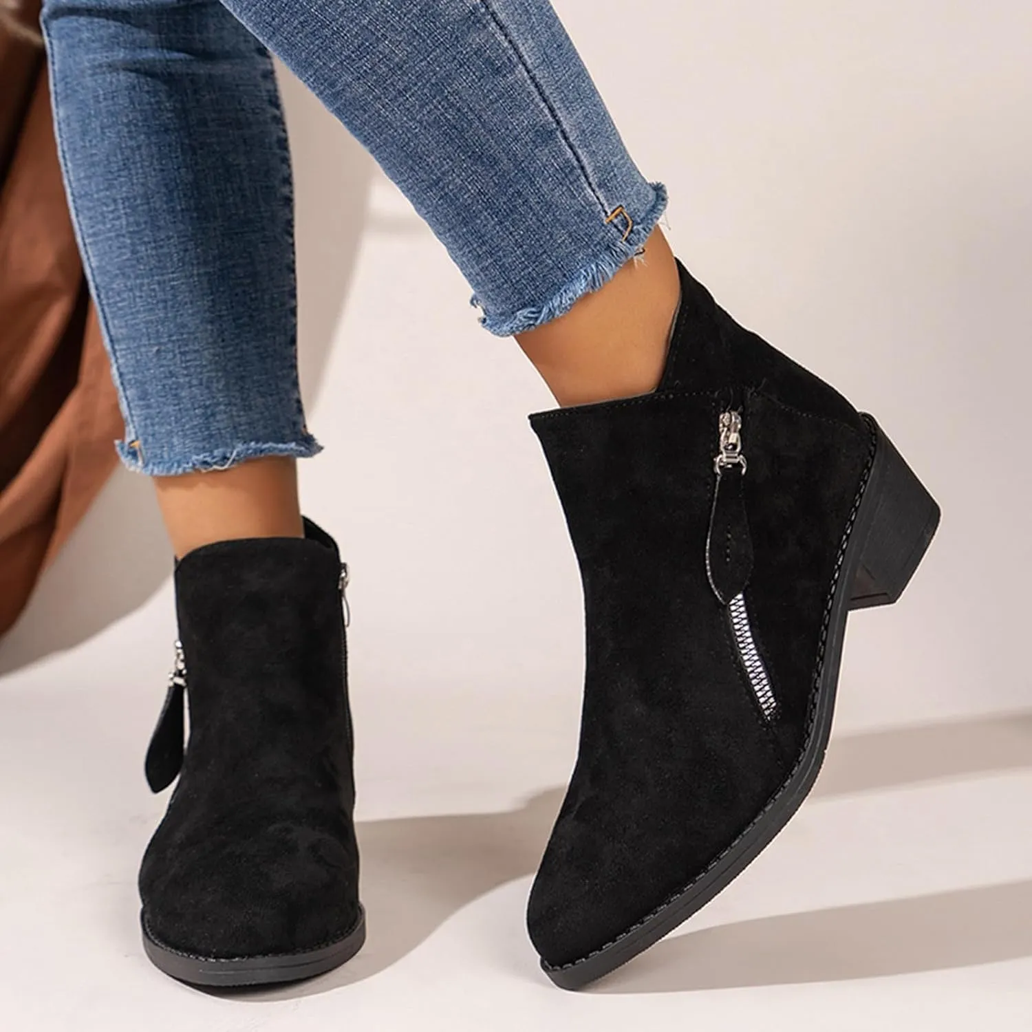 Women's Suede 2 Zipper Ankle Boots Short Booties Low Block Heel Outdoor Work Pointed Bootie