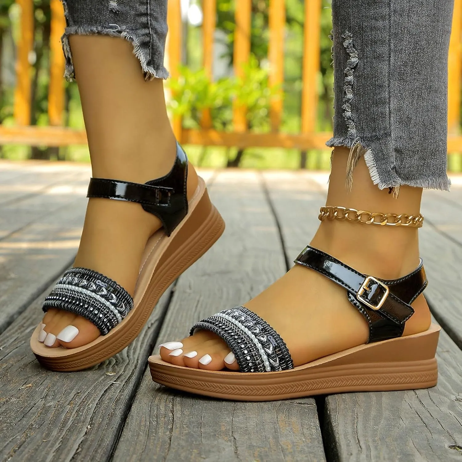 Women's Summer Wedge Sandals Open Toe Glitter Leather Casual Comfortable Walking Shoes for Daily Wear and Vacation