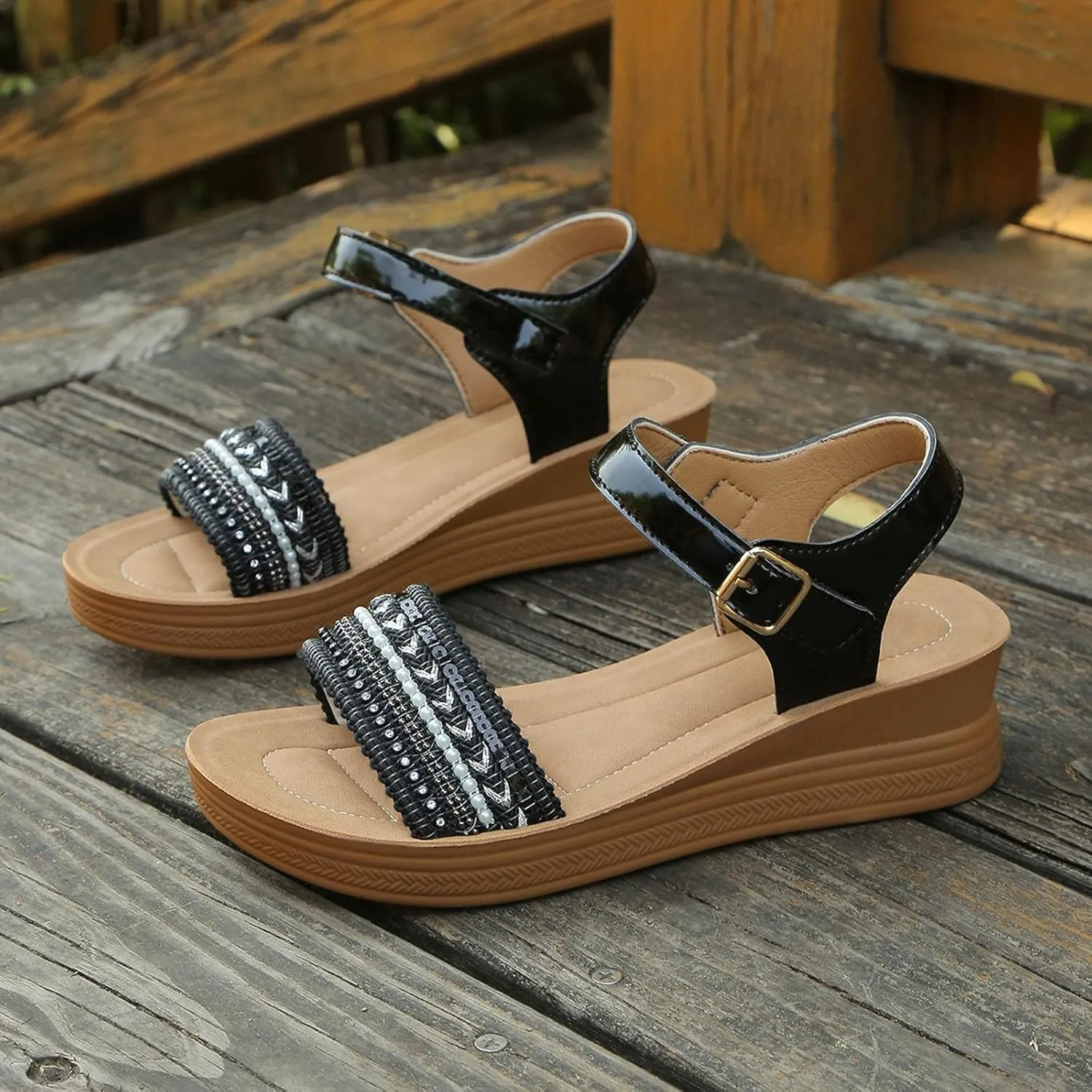 Women's Summer Wedge Sandals Open Toe Glitter Leather Casual Comfortable Walking Shoes for Daily Wear and Vacation