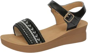 Women's Summer Wedge Sandals Open Toe Glitter Leather Casual Comfortable Walking Shoes for Daily Wear and Vacation