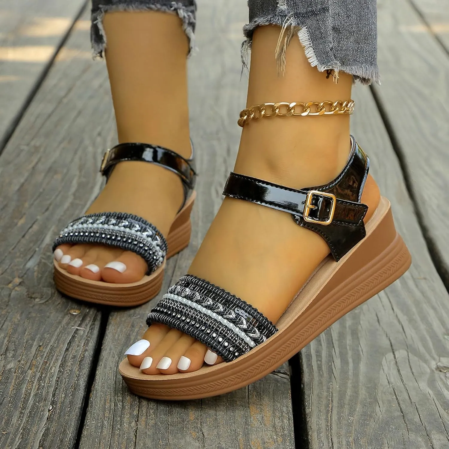 Women's Summer Wedge Sandals Open Toe Glitter Leather Casual Comfortable Walking Shoes for Daily Wear and Vacation