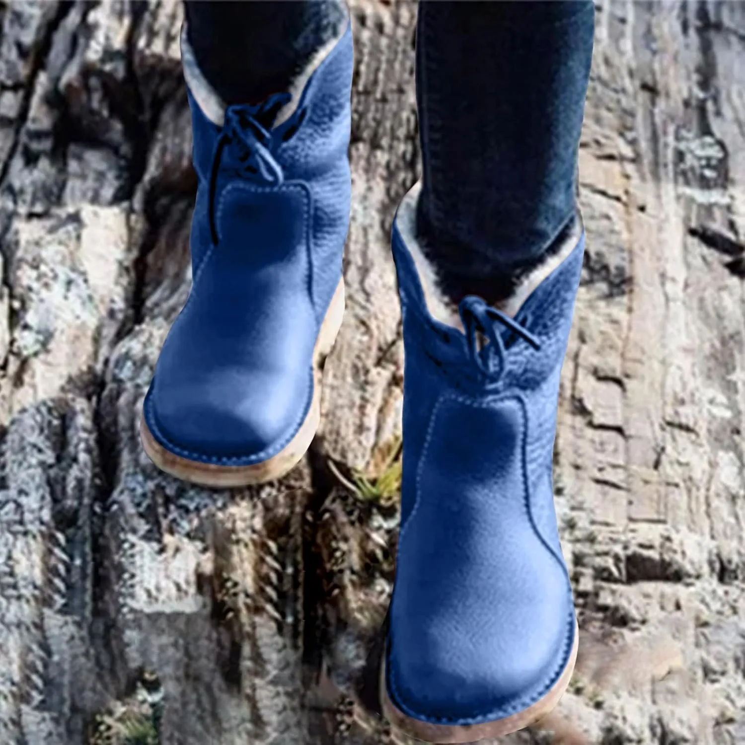 Womens Vintage Buttery-soft Waterproof Wool Lining Boots Fashion Lace Up Boots Warm Winter Boots Wide Calf FurBoots